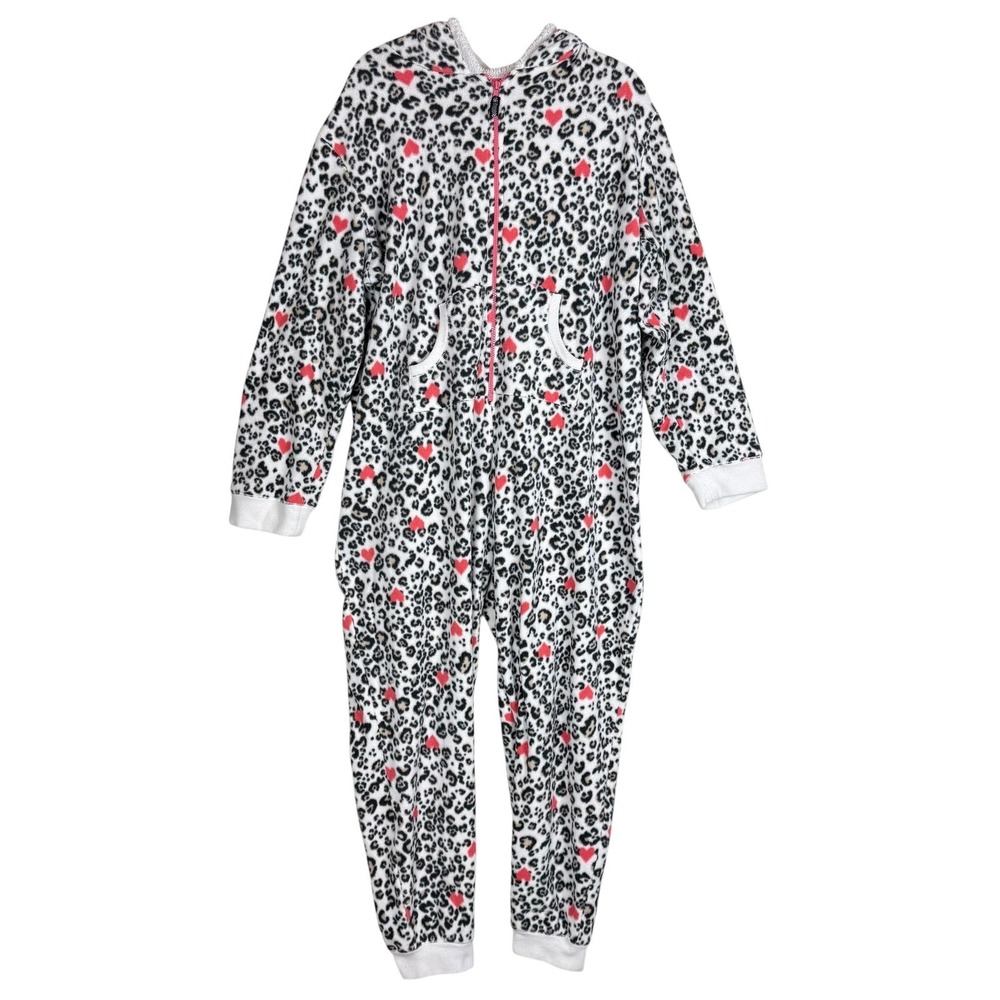 Cuddl Duds One Piece Pajama Womens 2X Leopard Heart Fleece Hooded Zip Front
